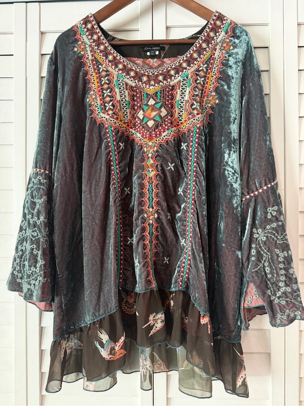John Mark Embroidered Velvet Tunic Boho Crane Bird Hem Blouse - Size 2X